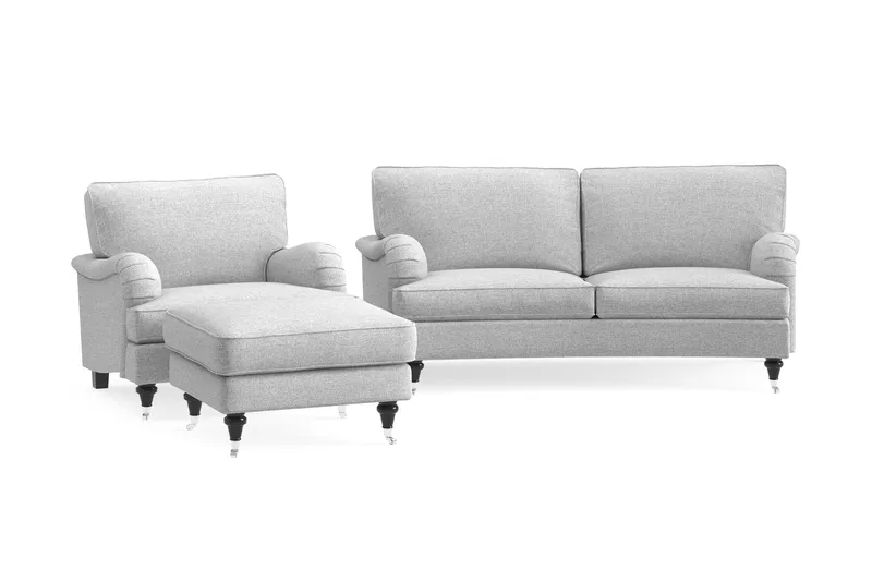 Howard Classic Sofagruppe 2-seters Svingt Sofa + Lenestol + Fotskammel i Stoff, Grå
