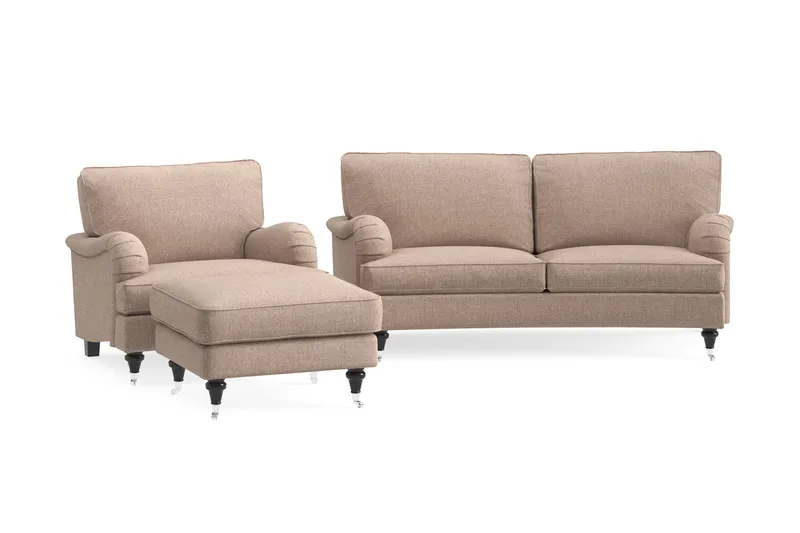 Howard Classic Sofagruppe 2-seters Svingt Sofa + Lenestol + Fotskammel i Stoff, Mørk beige