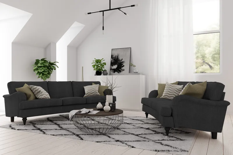 Howard Classic Sofagruppe 2-seters Svingt Sofa + Lenestol + Fotskammel i Stoff - Mørk grå - Møbler - Sofaer - Sofagrupper - Chesterfield sofagruppe