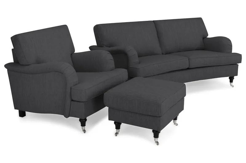 Howard Classic Sofagruppe 2-seters Svingt Sofa + Lenestol + Fotskammel i Stoff - Mørk grå - Møbler - Sofaer - Sofagrupper - Chesterfield sofagruppe