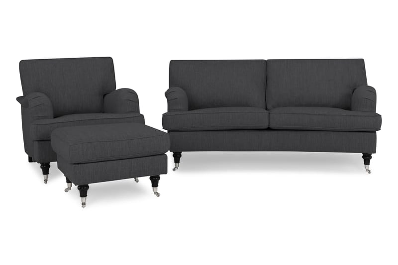 Howard Classic Sofagruppe 2-seters Svingt Sofa + Lenestol + Fotskammel i Stoff, Mørk grå