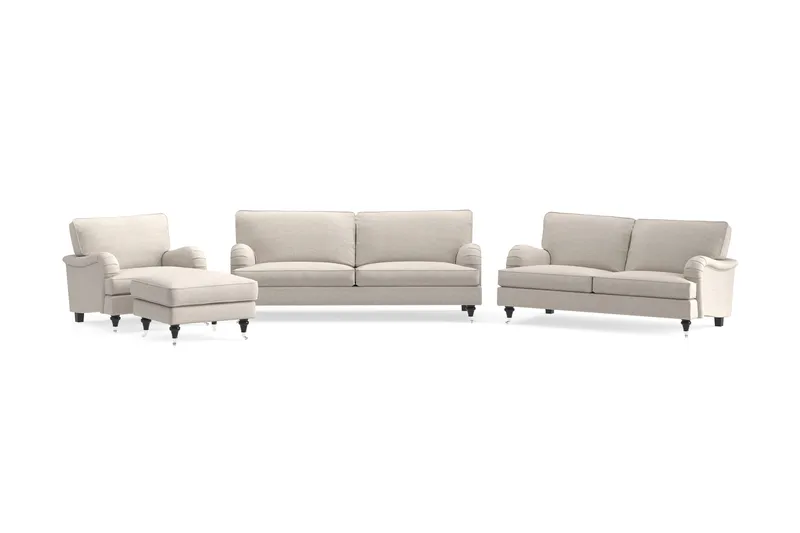 Howard Classic Sofagruppe 3-seters + 2-seters Sofa + Lenestol + Fotskammel i Stoff, Beige
