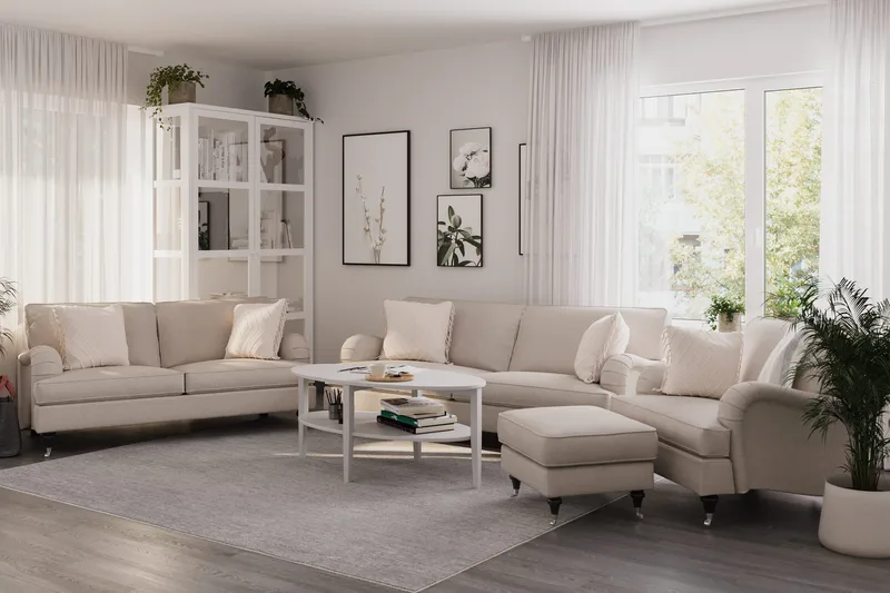 Howard Classic Sofagruppe 3-seters + 2-seters Sofa + Lenestol + Fotskammel i Stoff - Beige - Møbler - Sofaer - Sofagrupper - Howard sofagruppe