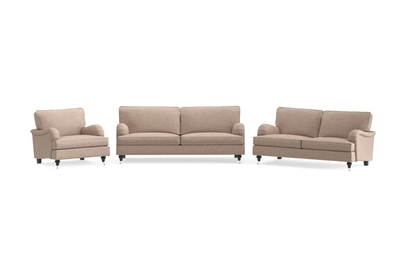 Howard Classic Sofagruppe 3-seters + 2-seters Sofa + Lenestol i Stoff, Mørk beige