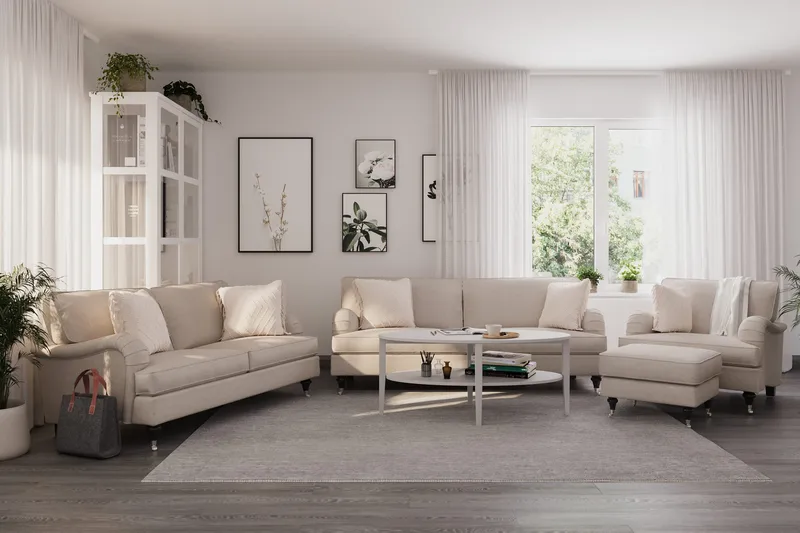 Howard Classic Sofagruppe 3-seters + 2-seters Sofa + Lenestol + Fotskammel i Stoff - Beige - Møbler - Sofaer - Sofagrupper - Howard sofagruppe