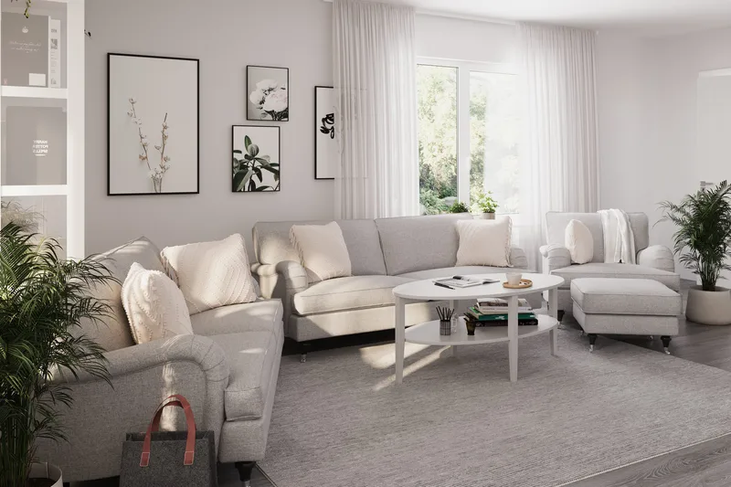 Howard Classic Sofagruppe 3-seters + 2-seters Sofa + Lenestol + Fotskammel i Stoff - Grå - Møbler - Sofaer - Sofagrupper - Howard sofagruppe