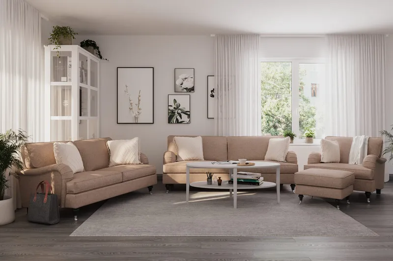 Howard Classic Sofagruppe 3-seters + 2-seters Sofa + Lenestol + Fotskammel i Stoff - Mørk beige - Møbler - Sofaer - Sofagrupper - Howard sofagruppe