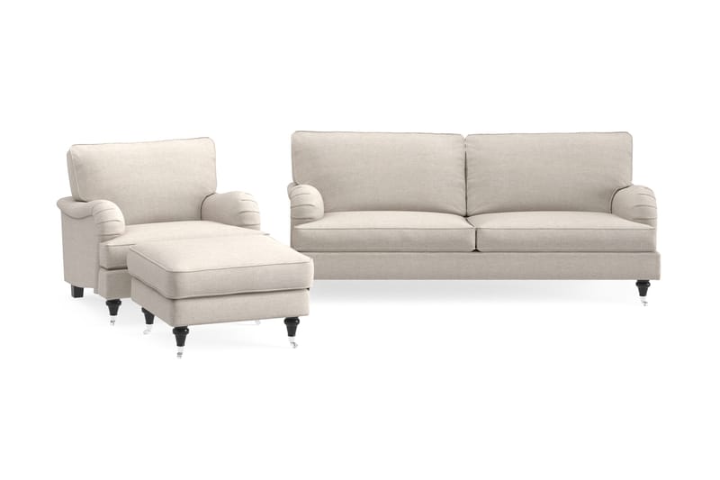 Howard Classic Sofagruppe 3-seters Sofa + Lenestol + Fotskammel i Stoff, Beige