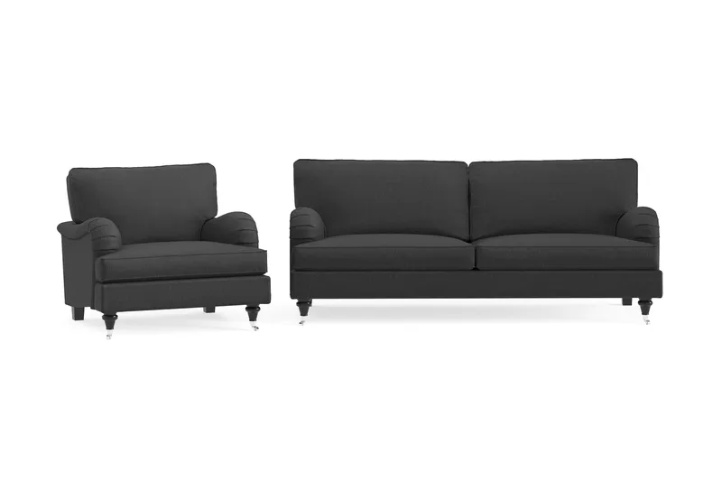 Howard Classic Sofagruppe 3-seters Sofa + Lenestol i Stoff, Mørk grå