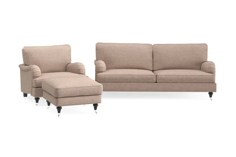 Howard Classic Sofagruppe 3-seters Sofa + Lenestol + Fotskammel i Stoff, Mørk beige