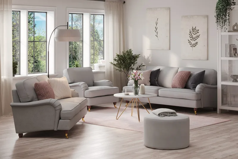 Howard Lyx Sofagruppe 3-seters + 2-seters Sofa + Lenestol i Stoff - Lys grå - Møbler - Sofaer - Sofagrupper - Sofagruppe 3 2 1