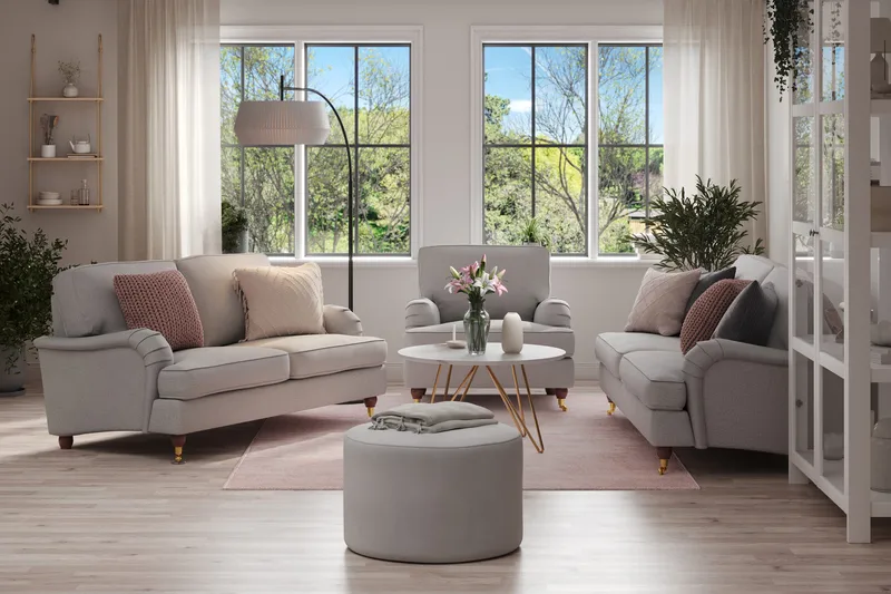 Howard Lyx Sofagruppe 3-seters + 2-seters Sofa + Lenestol i Stoff - Lys grå - Møbler - Sofaer - Sofagrupper - Sofagruppe 3 2 1