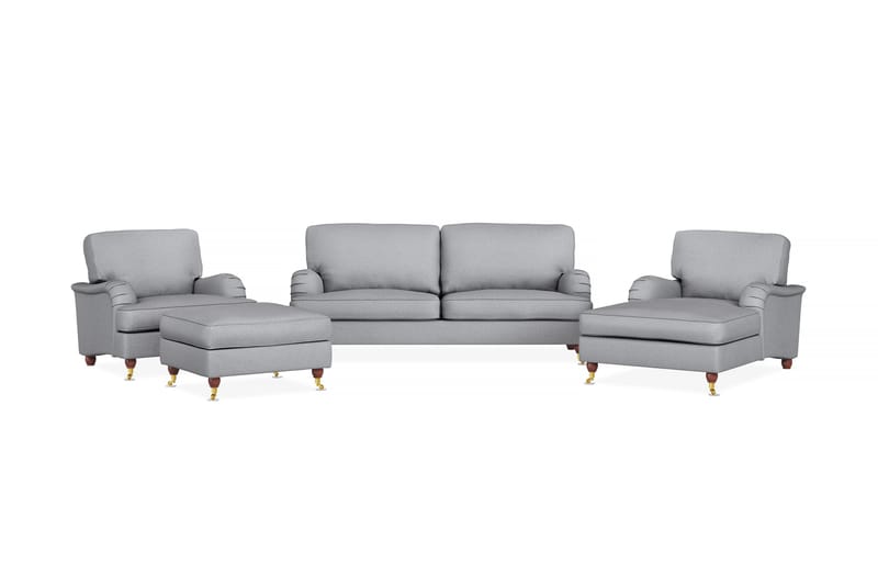 Howard Lyx Sofagruppe 3-seters Sofa + Divanstol + Lenestol + Fotskammel i Stoff, Lys grå