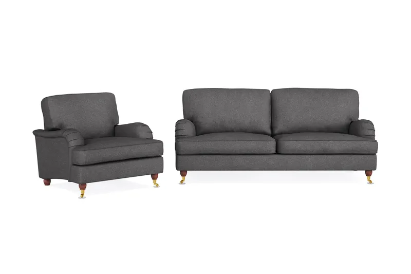 Howard Lyx Sofagruppe 3-seters Sofa + Lenestol i Stoff, Mørk grå