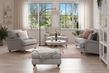 Howard Lyx Sofagruppe 3-seters Svingt Sofa + Divanstol + Lenestol + Fotskammel i Stoff - Lys grå - Møbler - Sofaer - Sofagrupper - Howard sofagruppe