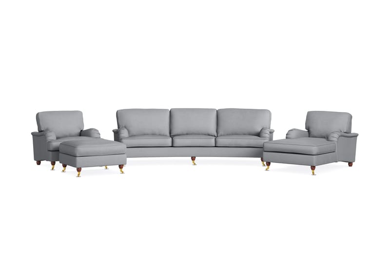 Howard Lyx Sofagruppe 4-seters Svingt Sofa + Divanstol + Lenestol + Fotskammel i Stoff, Lys grå