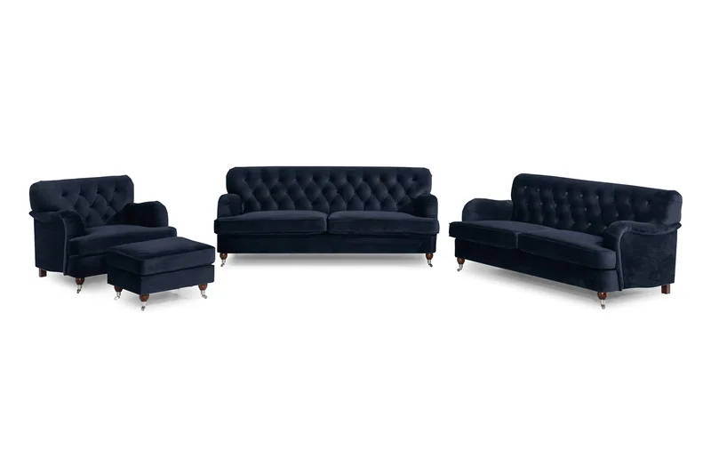 Howard Riviera Sofagruppe 3-seters + 2-seters Sofa + Lenestol + Fotskammel i Fløyel - Blå - Møbler - Sofaer - Sofagrupper - Howard sofagruppe