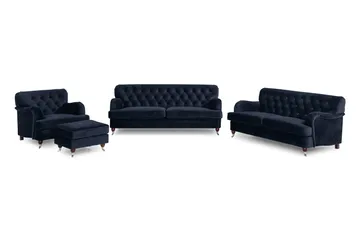 Howard Riviera Sofagruppe 3-seters + 2-seters Sofa + Lenestol + Fotskammel i Fløyel - Blå - Møbler - Sofaer - Sofagrupper - Howard sofagruppe