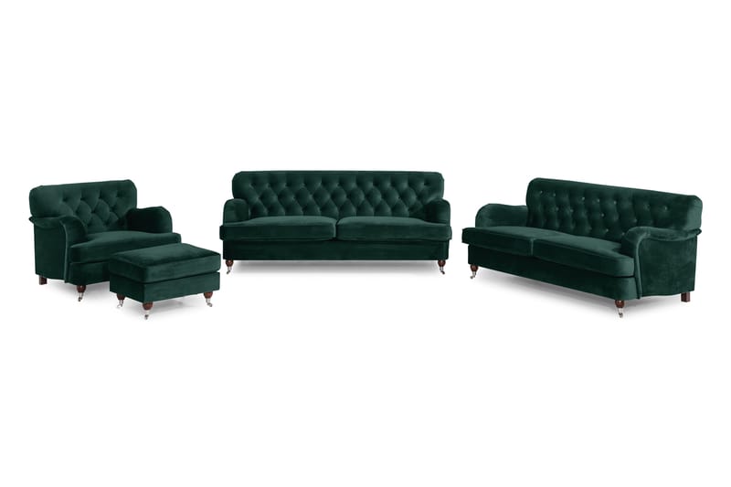 Howard Riviera Sofagruppe 3-seters + 2-seters Sofa + Lenestol + Fotskammel i Fløyel, Grønn
