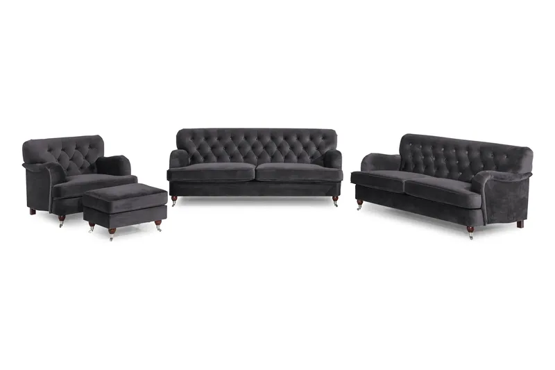 Howard Riviera Sofagruppe 3-seters + 2-seters Sofa + Lenestol + Fotskammel i Fløyel - Mørk grå - Møbler - Sofaer - Sofagrupper - Howard sofagruppe