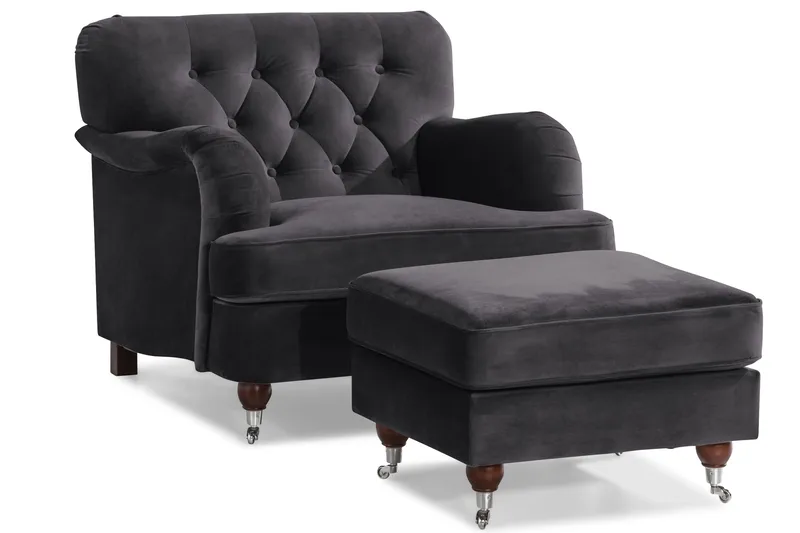 Howard Riviera Sofagruppe 3-seters + 2-seters Sofa + Lenestol + Fotskammel i Fløyel - Mørk grå - Møbler - Sofaer - Sofagrupper - Howard sofagruppe