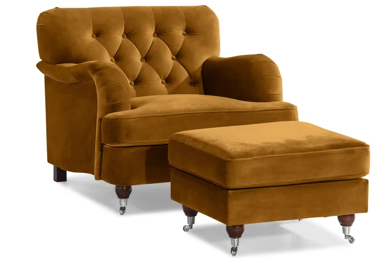 Howard Riviera Sofagruppe 3-seters + 2-seters Sofa + Lenestol + Fotskammel i Fløyel - Mørk gul - Møbler - Sofaer - Sofagrupper - Howard sofagruppe