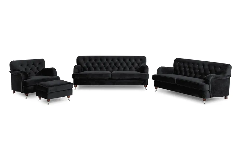Howard Riviera Sofagruppe 3-seters + 2-seters Sofa + Lenestol + Fotskammel i Fløyel, Svart