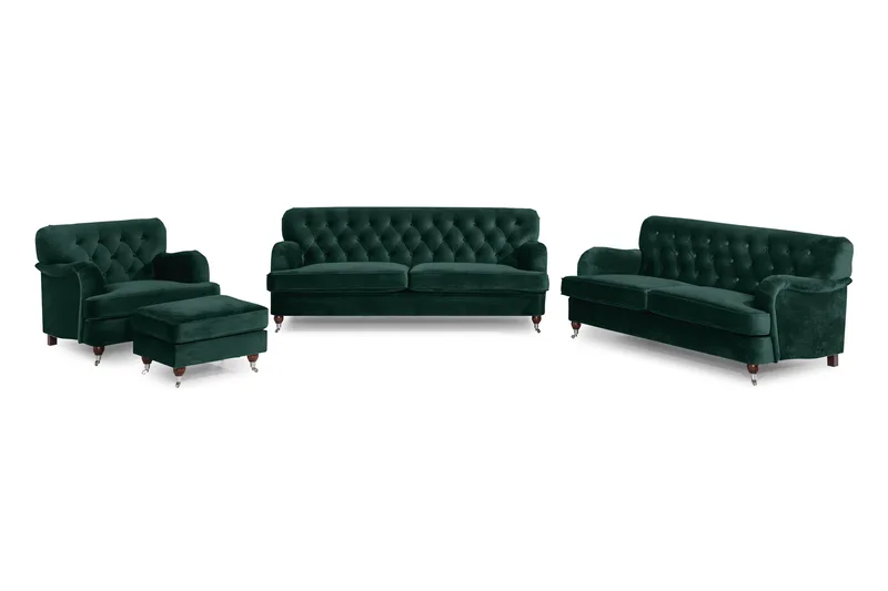 Howard Riviera Sofagruppe 3-seters + 2-seters Sofa + Lenestol + Fotskammel i Fløyel - Grønn - Møbler - Sofaer - Sofagrupper - Howard sofagruppe