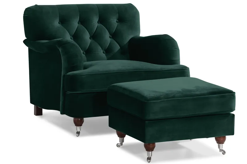 Howard Riviera Sofagruppe 3-seters + 2-seters Sofa + Lenestol + Fotskammel i Fløyel - Grønn - Møbler - Sofaer - Sofagrupper - Howard sofagruppe