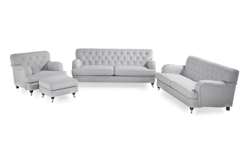 Howard Riviera Sofagruppe Bøyd 3-seter + 2-seter Sofa + Lenestol + Fotskammel i Stoff, Grå