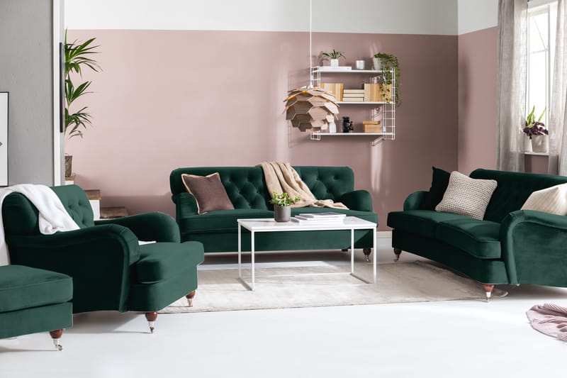 Howard Riviera Sofagruppe Svingt 3-seters + 2-seters Sofa + Lenestol + Fotskammel i Fløyel - Grønn - Møbler - Sofaer - Sofagrupper - Howard sofagruppe