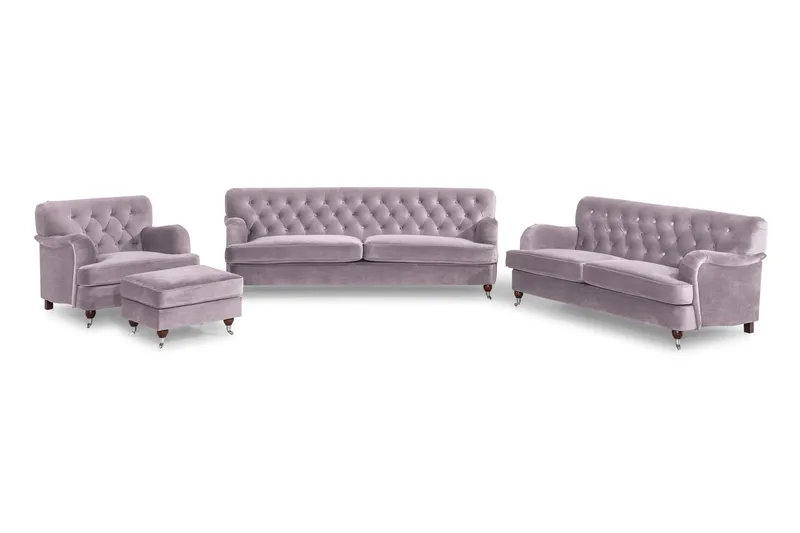 Howard Riviera Sofagruppe Svingt 3-seters + 2-seters Sofa + Lenestol + Fotskammel i Fløyel, Lilla