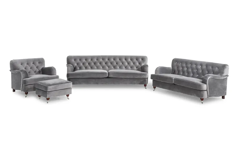 Howard Riviera Sofagruppe Svingt 3-seters + 2-seters Sofa + Lenestol + Fotskammel i Fløyel, Lys grå