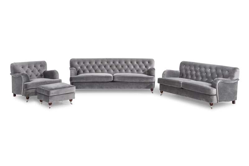 Howard Riviera Sofagruppe Svingt 3-seters + 2-seters Sofa + Lenestol + Fotskammel i Fløyel, Lys grå