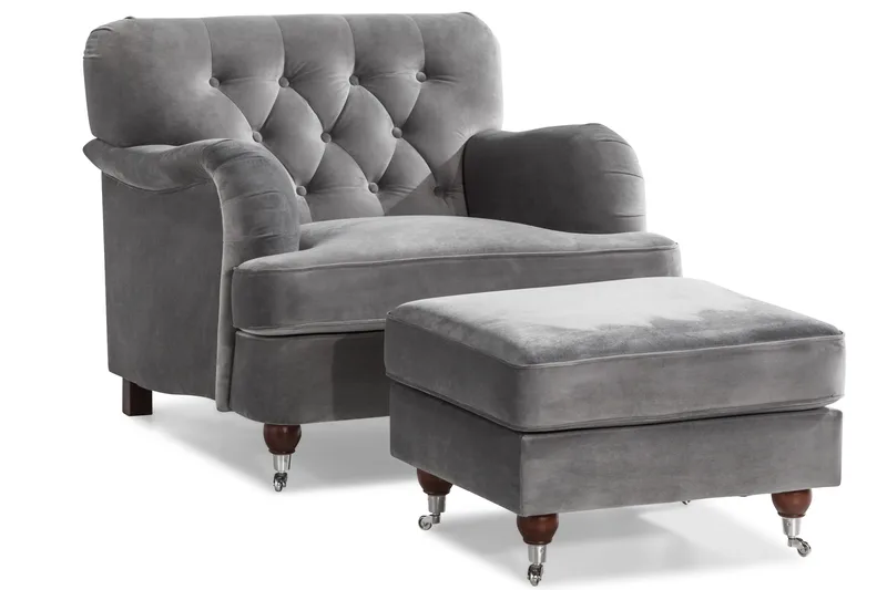 Howard Riviera Sofagruppe Svingt 3-seters + 2-seters Sofa + Lenestol + Fotskammel i Fløyel - Lys grå - Møbler - Sofaer - Sofagrupper - Howard sofagruppe