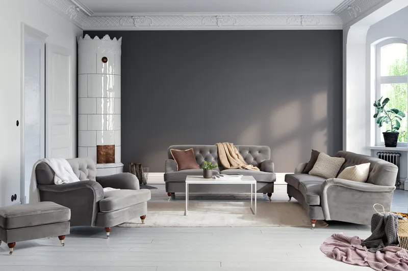 Howard Riviera Sofagruppe Svingt 3-seters + 2-seters Sofa + Lenestol + Fotskammel i Fløyel - Lys grå - Møbler - Sofaer - Sofagrupper - Howard sofagruppe