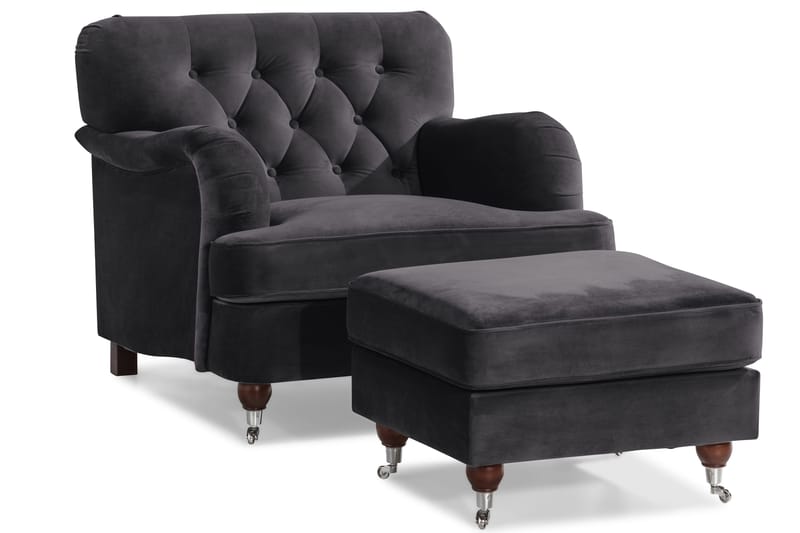 Howard Riviera Sofagruppe Svingt 3-seters + 2-seters Sofa + Lenestol + Fotskammel i Fløyel - Mørk grå - Møbler - Sofaer - Sofagrupper - Howard sofagruppe