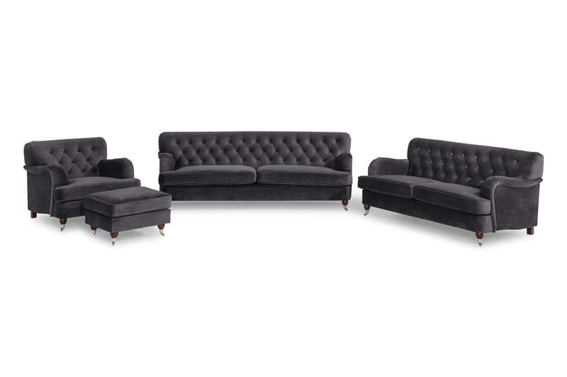 Howard Riviera Sofagruppe Svingt 3-seters + 2-seters Sofa + Lenestol + Fotskammel i Fløyel, Mørk grå