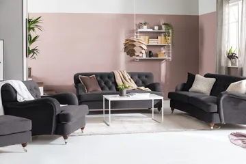 Howard Riviera Sofagruppe Svingt 3-seters + 2-seters Sofa + Lenestol + Fotskammel i Fløyel - Mørk grå - Møbler - Sofaer - Sofagrupper - Howard sofagruppe