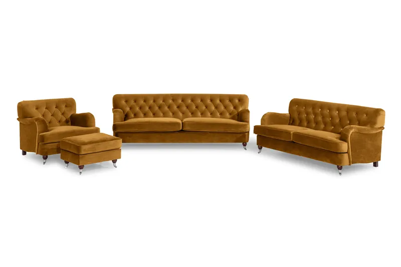 Howard Riviera Sofagruppe Svingt 3-seters + 2-seters Sofa + Lenestol + Fotskammel i Fløyel, Mørk gul