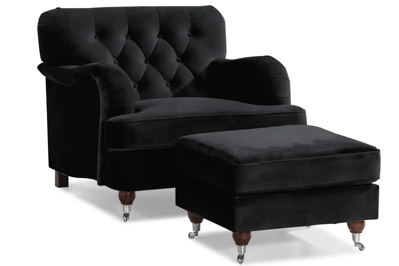 Howard Riviera Sofagruppe Svingt 3-seters + 2-seters Sofa + Lenestol + Fotskammel i Fløyel - Svart - Møbler - Sofaer - Sofagrupper - Howard sofagruppe