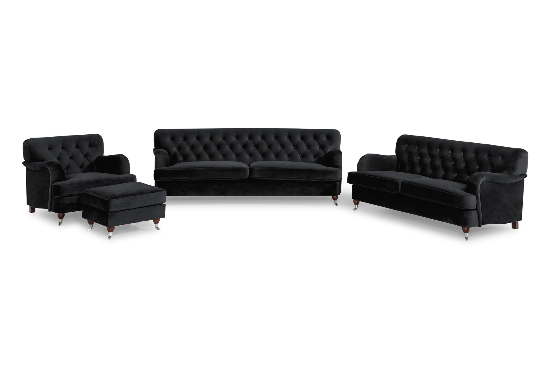 Howard Riviera Sofagruppe Svingt 3-seters + 2-seters Sofa + Lenestol + Fotskammel i Fløyel - Svart - Møbler - Sofaer - Sofagrupper - Howard sofagruppe