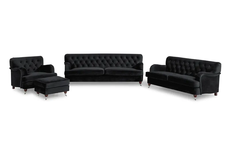 Howard Riviera Sofagruppe Svingt 3-seters + 2-seters Sofa + Lenestol + Fotskammel i Fløyel, Svart