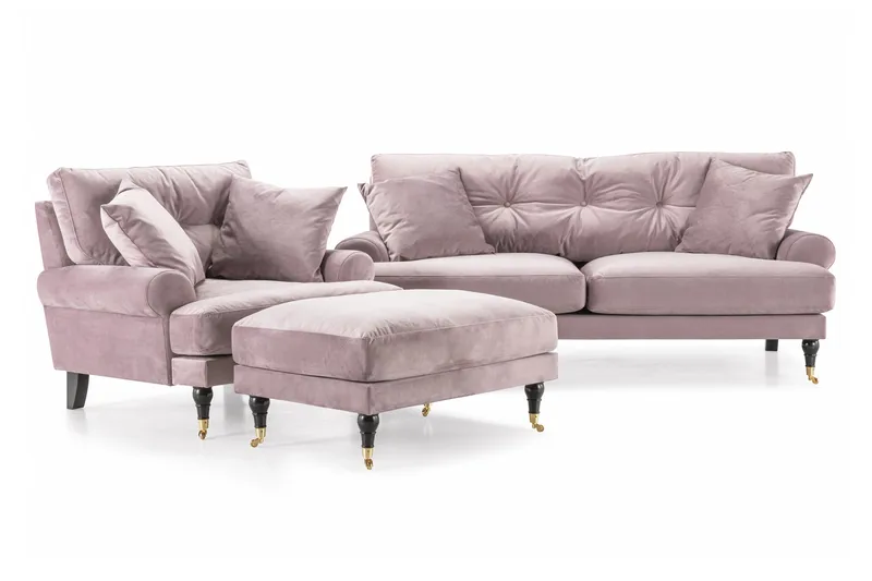 Andrew Sofagruppe 2-seter Sofa + Lenestol + Fotskammel i Fløyel, Lilla