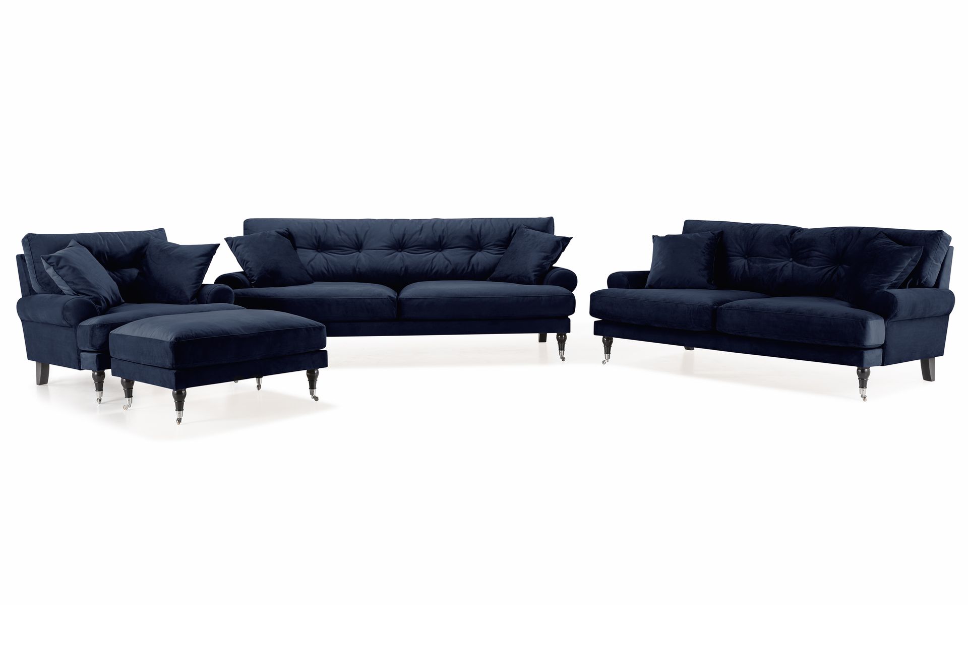 Andrew Sofagruppe 3-seter + 2-seter Sofa + Lenestol + Fotskammel i Fløyel - Blå - Møbler - Sofaer - Sofagrupper - Howard sofagruppe