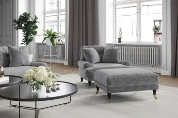 Andrew Sofagruppe 3-seter Sofa + Lenestol + Fotskammel i Fløyel - Lys grå - Møbler - Sofaer - Sofagrupper - Howard sofagruppe