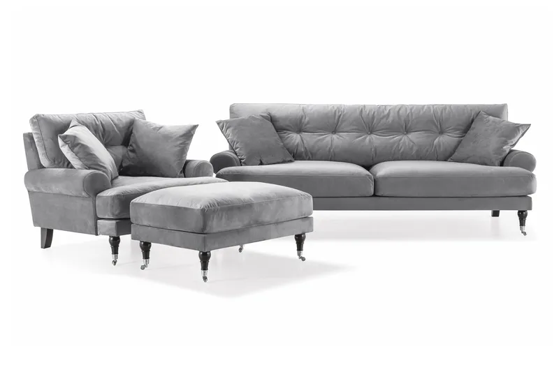 Andrew Sofagruppe 3-seter Sofa + Lenestol + Fotskammel i Fløyel, Lys grå