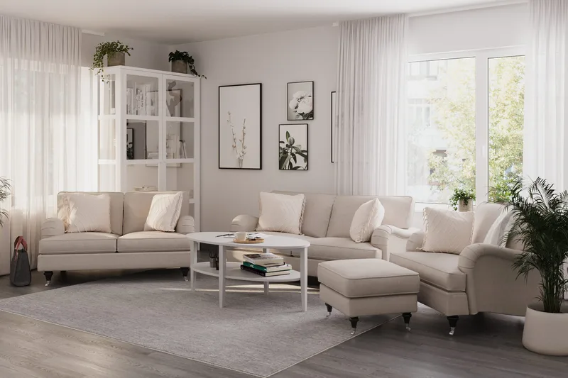 Howard Classic Sofagruppe 2-seters + Liten 2-seters Sofa + Lenestol + Fotskammel i Stoff - Beige - Møbler - Sofaer - Sofagrupper - Howard sofagruppe