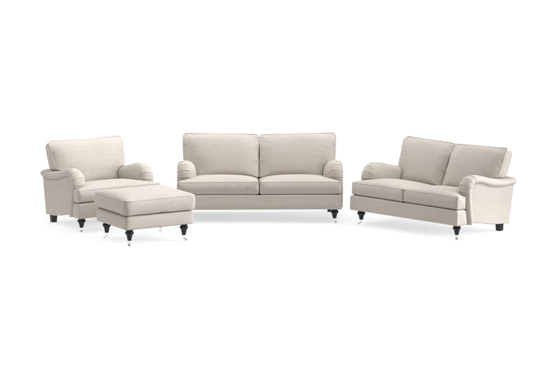 Howard Classic Sofagruppe 2-seters + Liten 2-seters Sofa + Lenestol + Fotskammel i Stoff, Beige