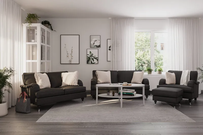 Howard Classic Sofagruppe 2-seters + Liten 2-seters Sofa + Lenestol + Fotskammel i Stoff - Mørk grå - Møbler - Sofaer - Sofagrupper - Howard sofagruppe
